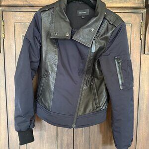 Mackage Bomber Jacket Dark Blue with Black Leather Accents - Size Small